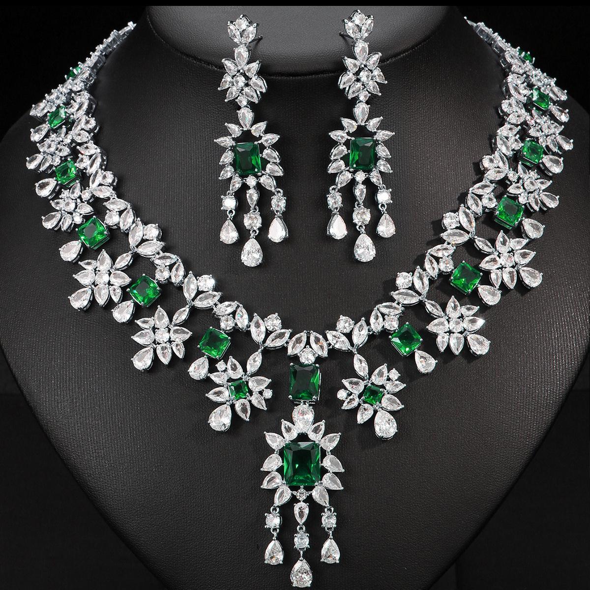 

Luxury Zircon Necklace Earrings Set Bridal Wedding Dress Accessories Women зелёный