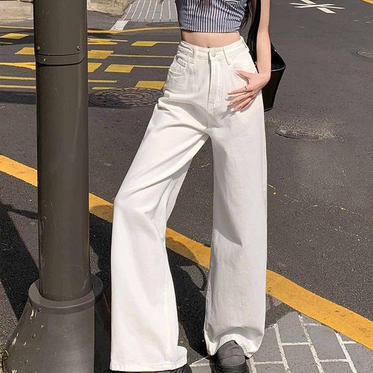Women's High Waist White Denim Pants Wide Leg Loose Fit Casual Winter Trousers