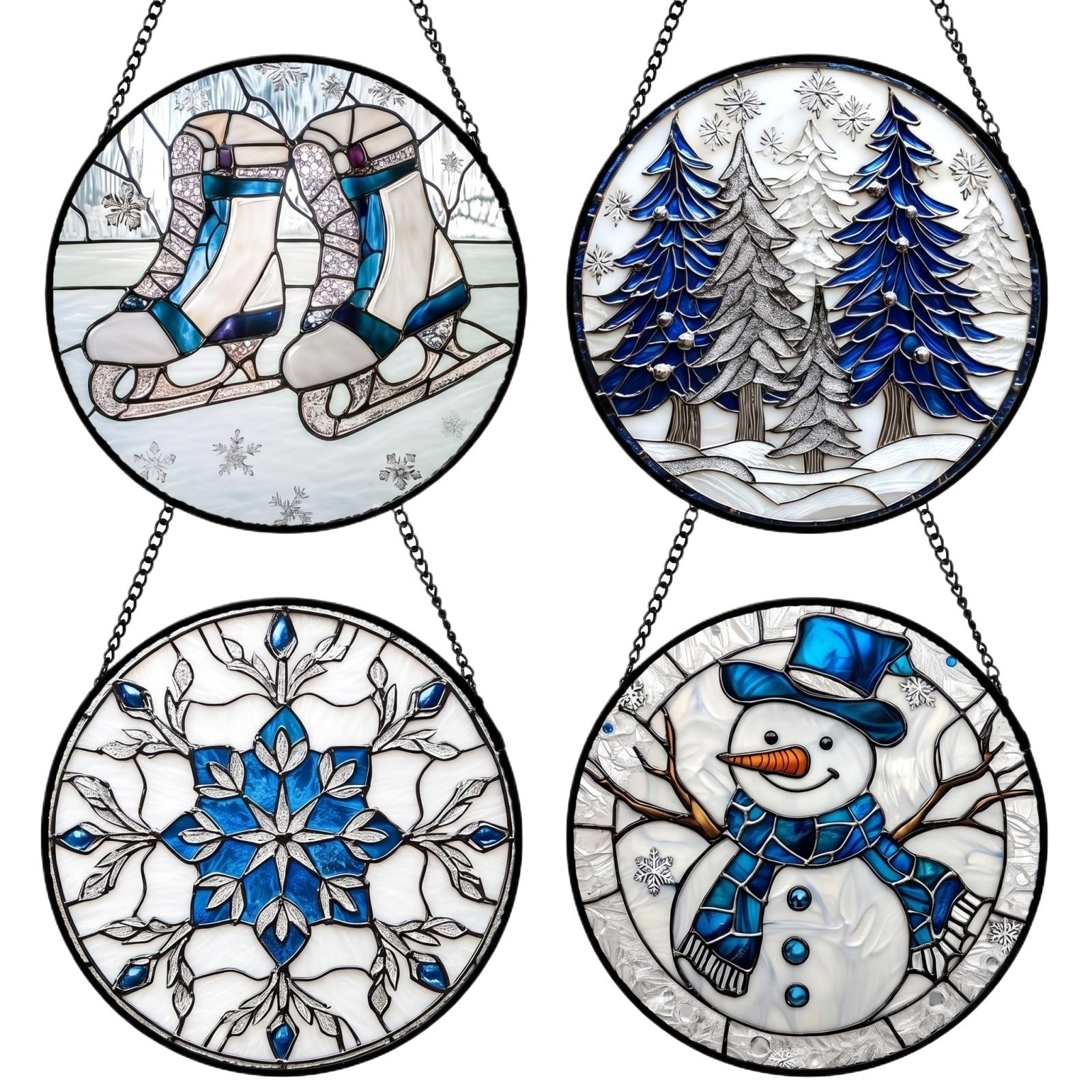 

Set of 4 Acrylic Sun Catcher Ornaments 2D Hanging Decorations Featuring Winter Themed Designs with Chains for Window Display or Indoor Hanging one size