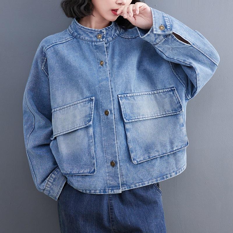 Loose Big Pocket Stand Collar Denim Jackets Female Long Sleeve Loose Long Sleeve Outwear Women's Coat 2025 Autumn