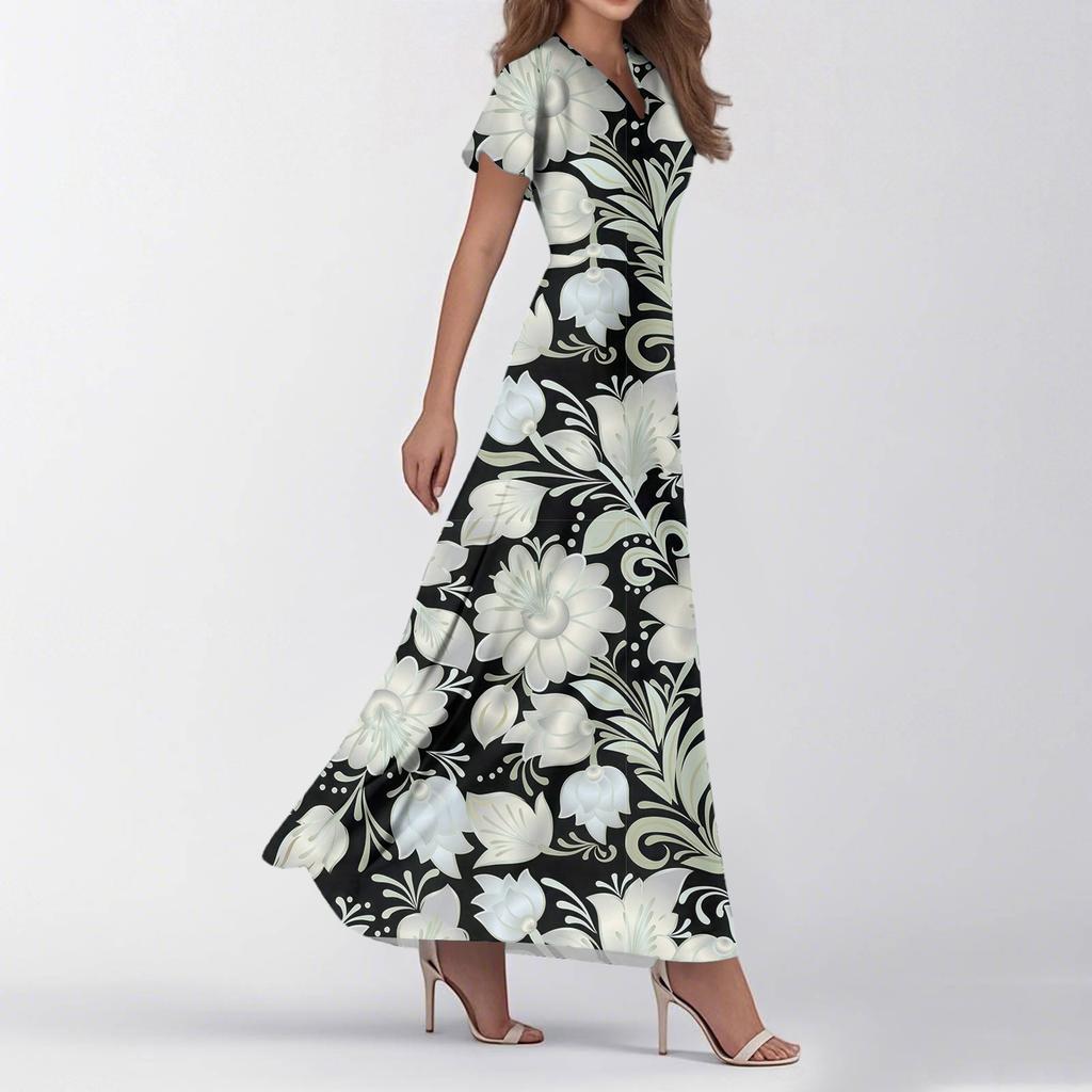 Women's Summer Casual Fashion Print Dresses V-Neck Short Sleeve Dresses
