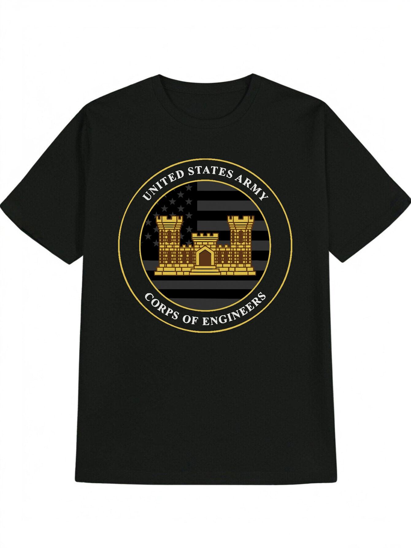 Casual Short Sleeve T-shirt - Black with Yellow Circular Military Graphic Print (US Army Corps Engineers S