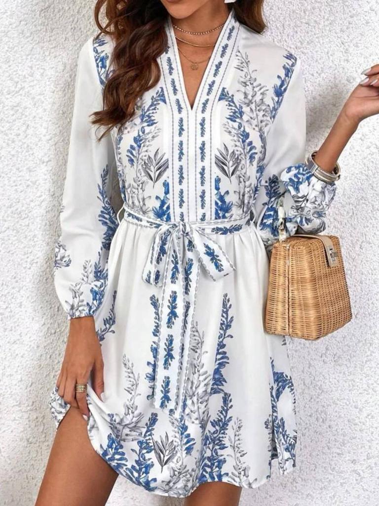 Wiosna Nowa Moda Damska Dekolt V Długi Rękaw Sukienka Boho z Nadrukiem