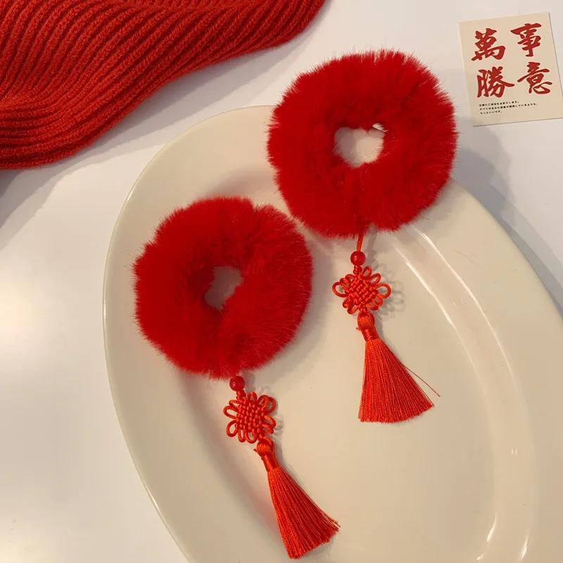 2PCS New Tassel Big Red Chinese-style Hair Accessories Cute Children’s Day And New Year Performances Imitation Rabbit Hair Loops