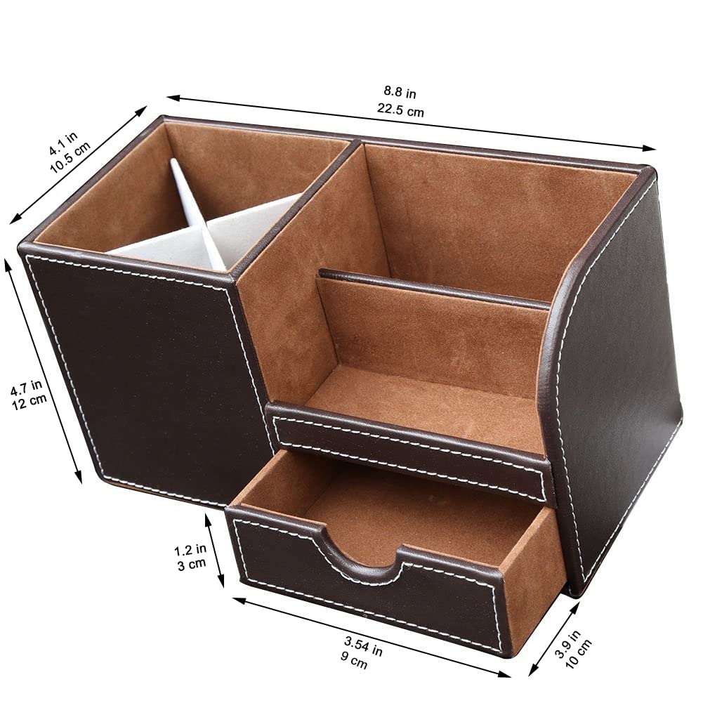 KINGFOM PU Leather Desk Stationery Organizer with Storage Remote Control and Small Drawer Box, Pen/Pencil Stand, Holder, (Brown)