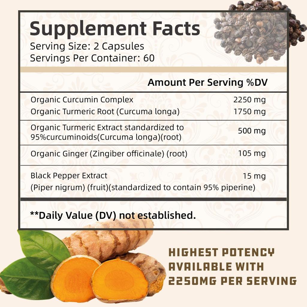Potent turmeric capsules, containing curcumin and black pepper extract, for joint health, suitable for both men and women.