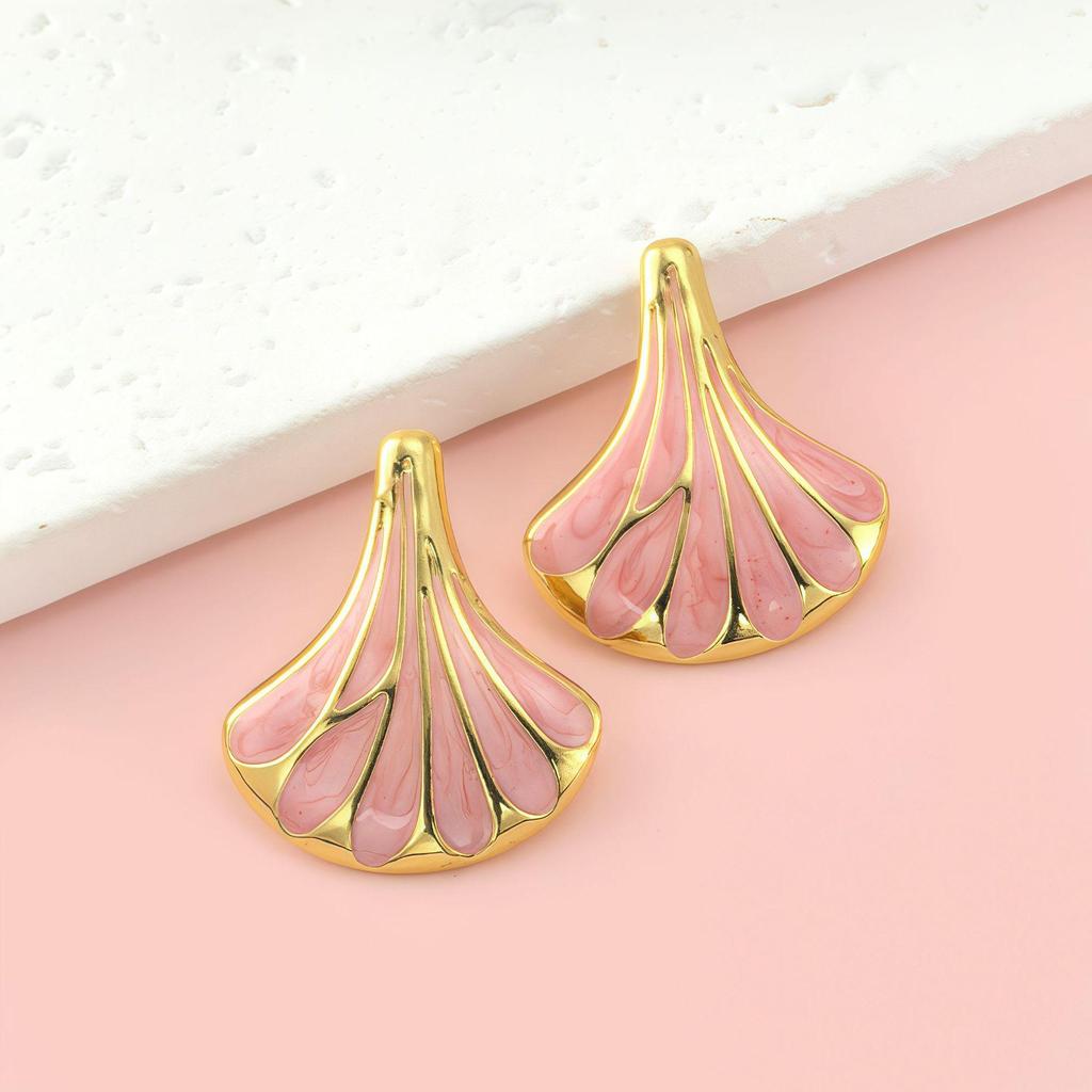 Gold Plated Ginkgo Leaf Fan Earrings, Stainless Steel Tassel Studs for Women
