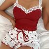 Women 2psc Pajama Set Pink Lace Patchwork V-Neck Sleepwear Sexy Nighties Suit Cami Top Printed Shorts Soft Pyjamas Loungewear