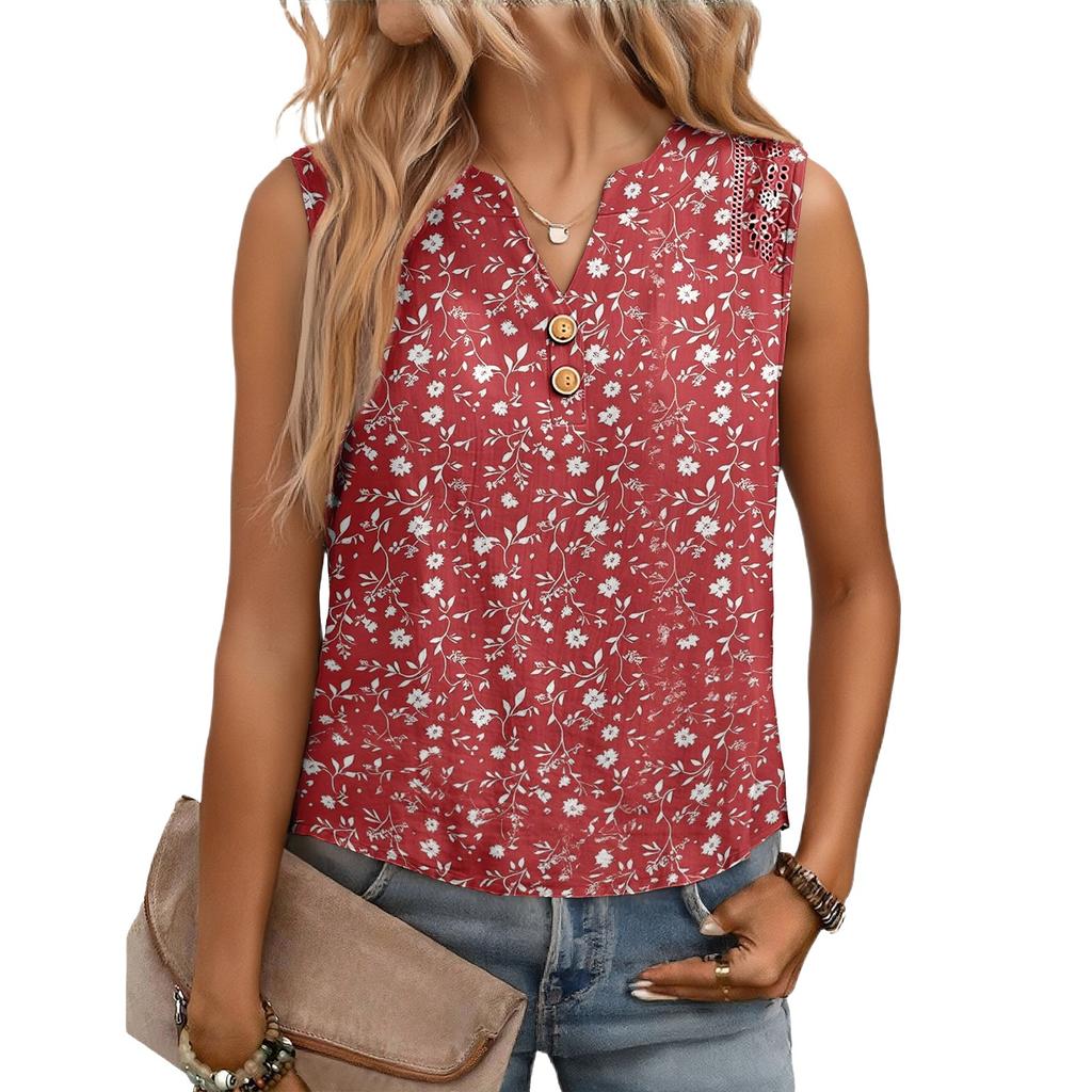 Women's Casual, Loose-Fitting, Printed, Sleeveless Linen Blouse