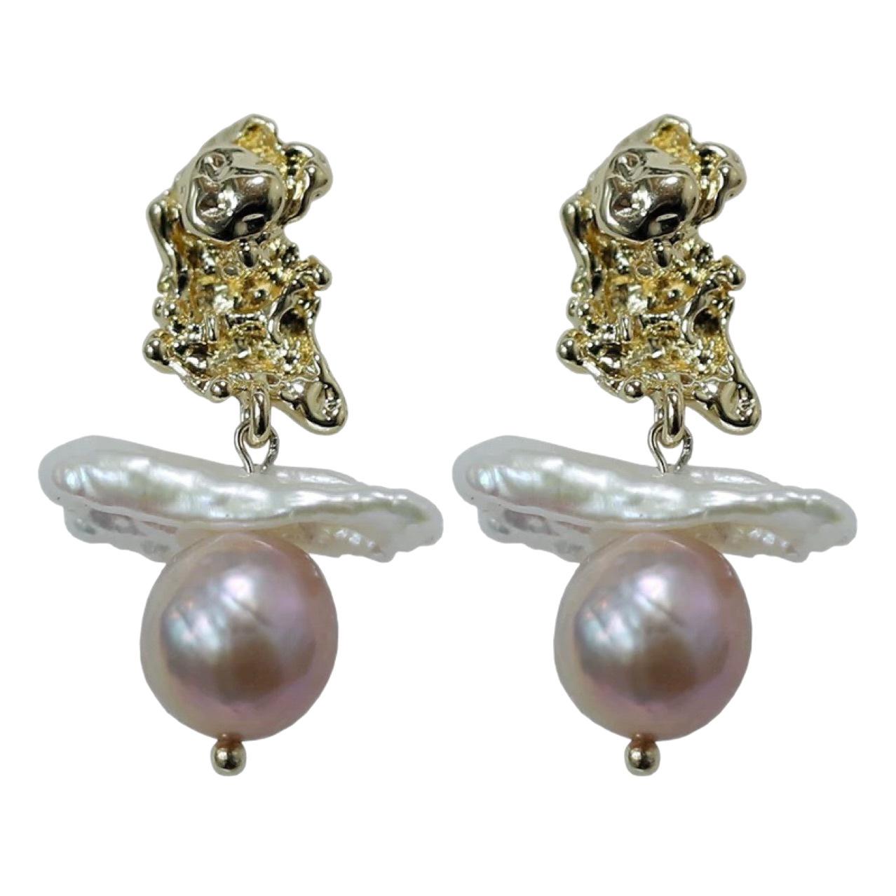 Gold Lava Natural Baroque Light Purple Edison Earrings, Natural Freshwater Baroque Pearl Stud Earrings Daily sterling silver posts