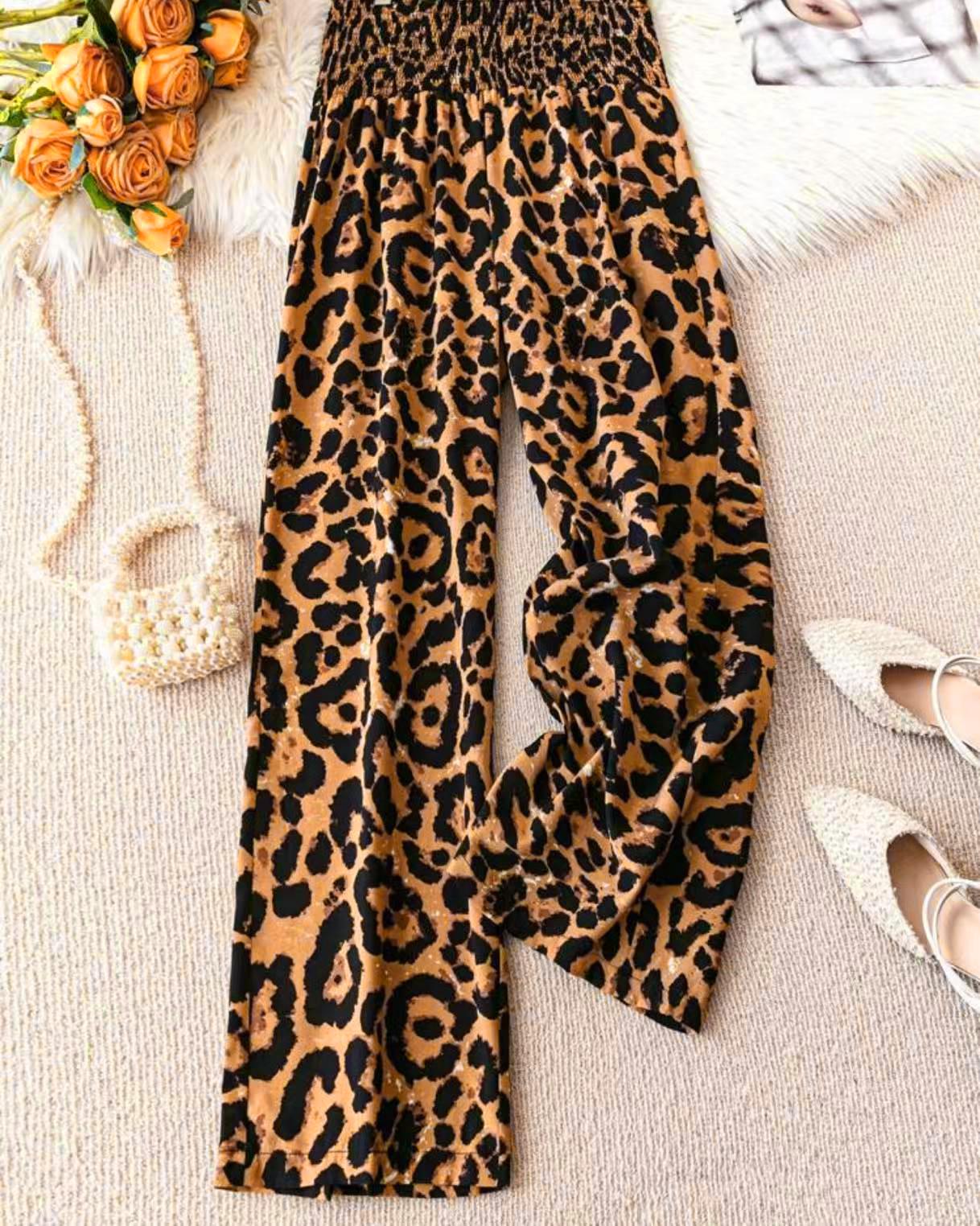 

European and American 2025 Women s Leopard Print Wide-Leg Pants with Elastic Waist Extra Large