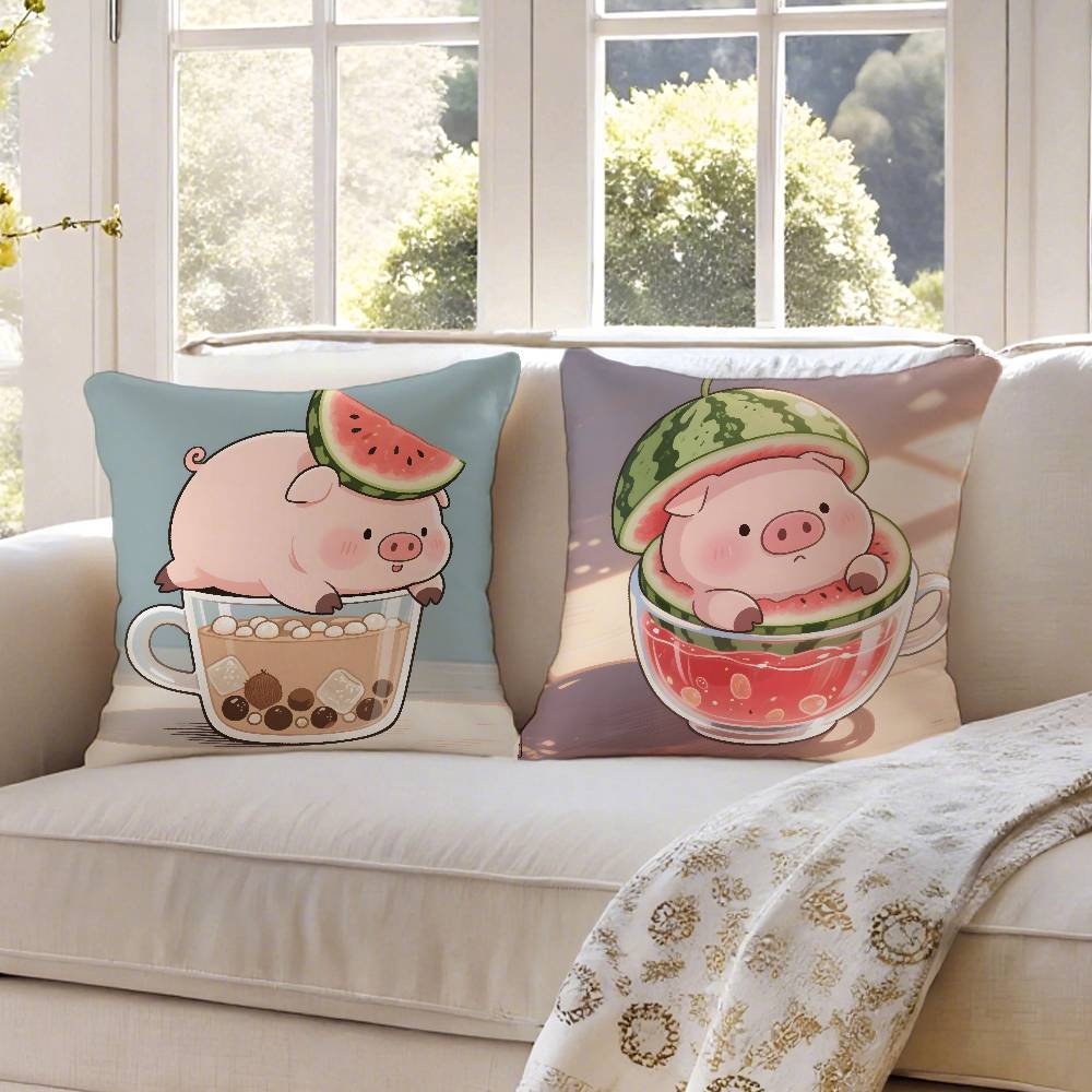Happy Accompanying Pig Summer Pattern Pillow Case Anti-dustmite Pillowcase Invisible Zipper Silky Short Plush Sofa Cushion Cover