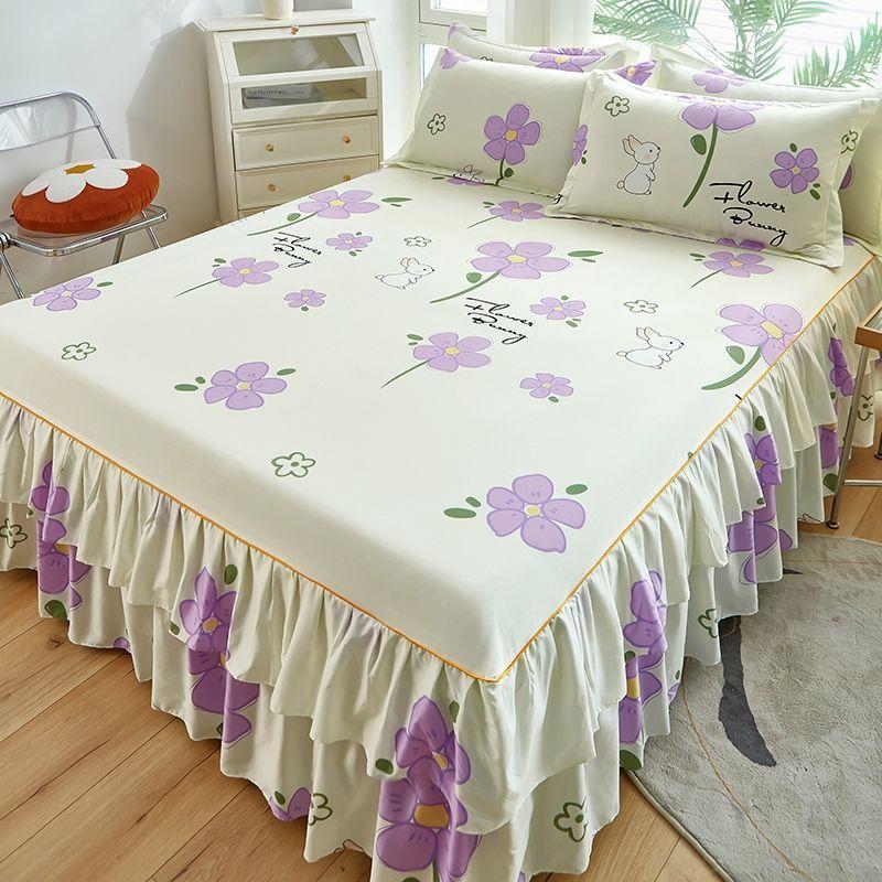 Floral Pattern Bed Skirt Set Mattress Anti Slip Protective Cover for Household Bedding Double Layered Skirt Dustproof Bed Cover