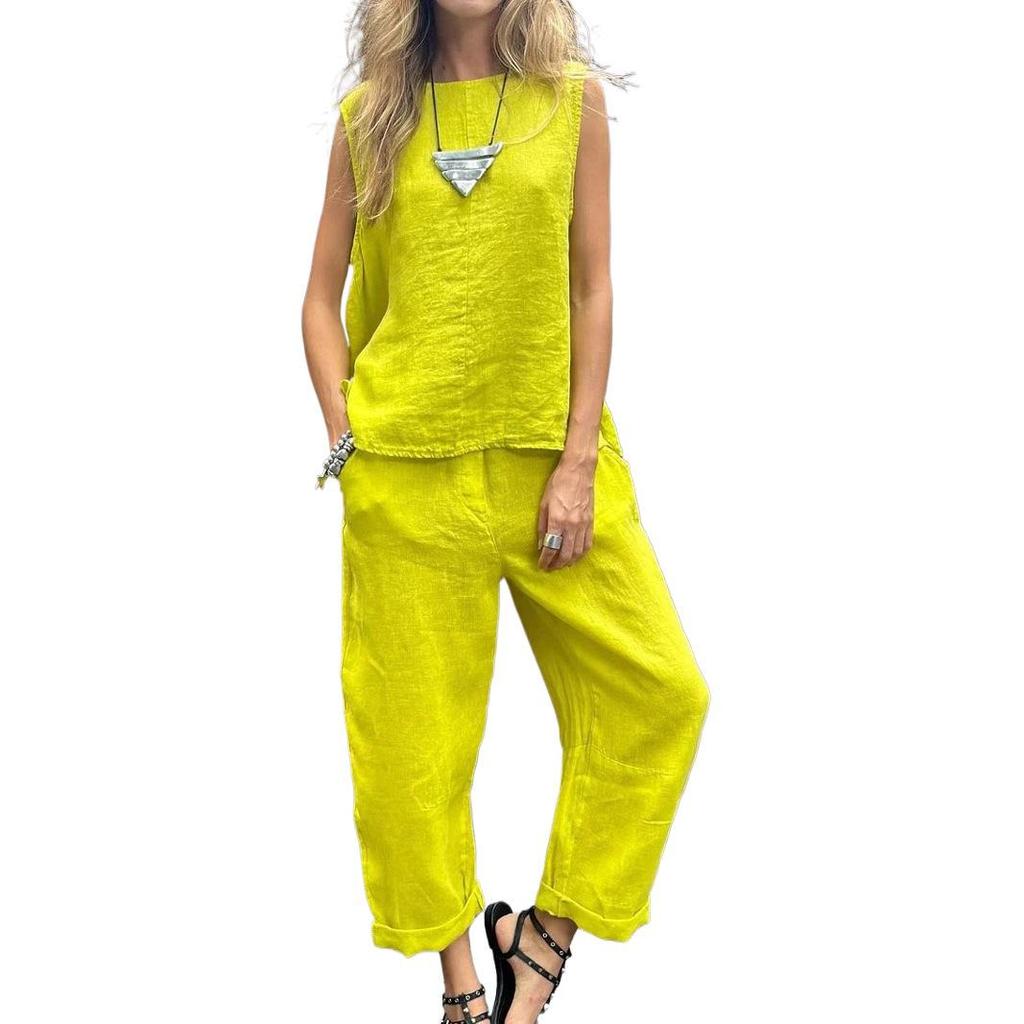 2024 Spring/Summer Cotton Linen Casual Two-Piece Set: Sleeveless Top & Loose Long Pants for Women