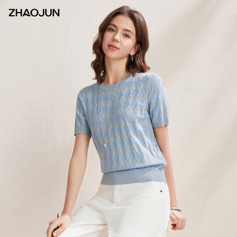 Women s Retro Diamond Pattern Silk Blend Short Sleeve Knit Top L