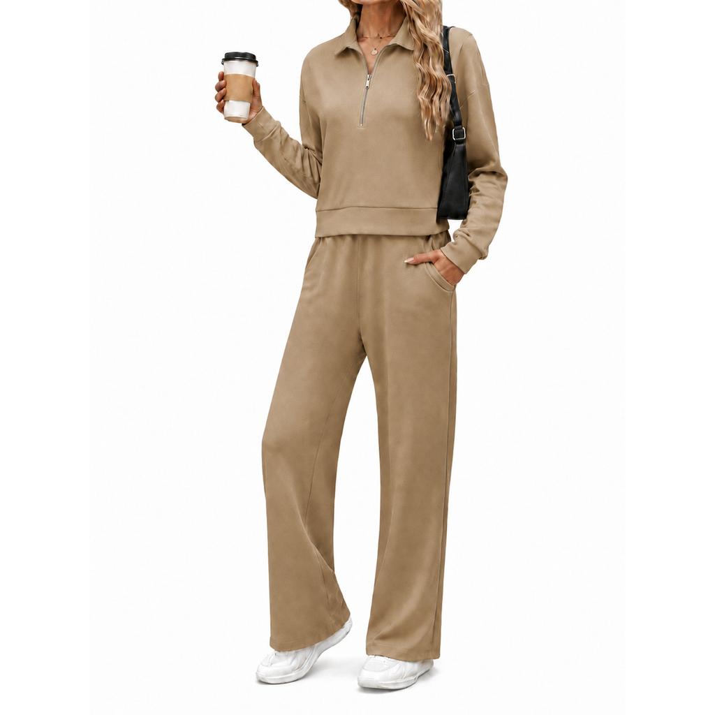 Women's Casual Half Zip Hoodie with Collar and Wide Leg Pants Set