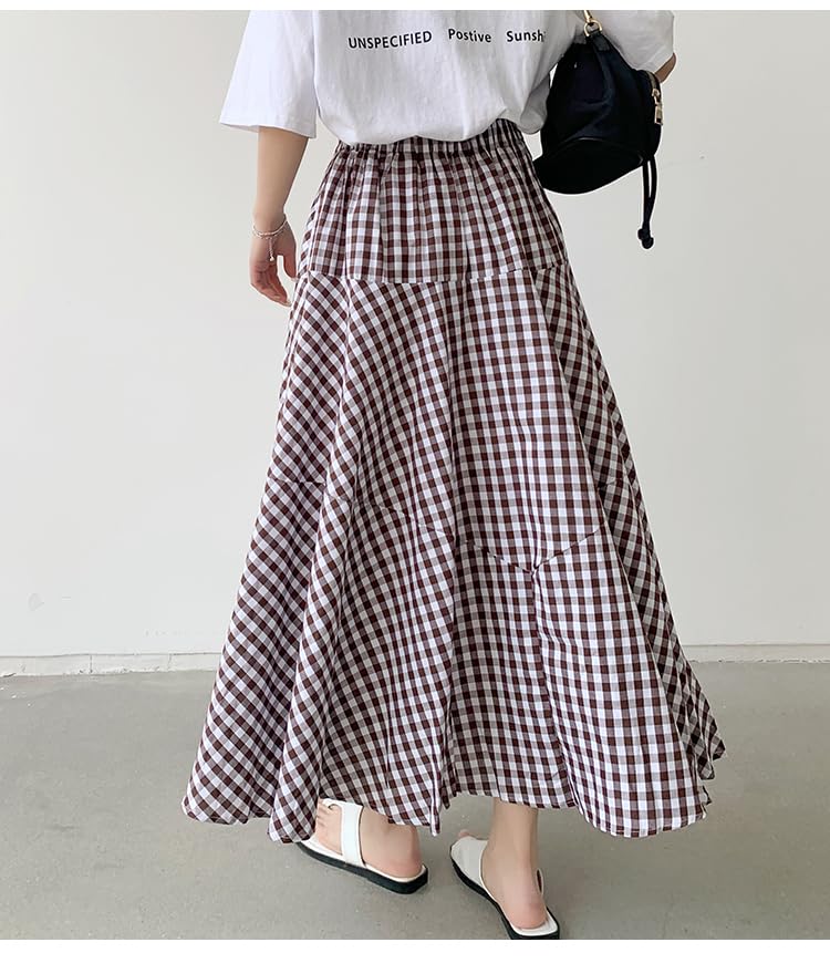 Long Frill High Checkered Elastic Office Multiple Colors [JINJUDUO] Women's A-Line Skirt, Waist, Pattern, Waistband, 100% Cotton, Cute, Casual,