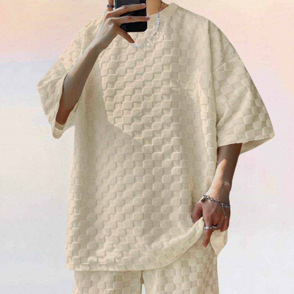 Men's Summer Heavy Checkerboard Men's Short-sleeved T-shirt Loose Drop Shoulder Round Neck Casual T-shirt Men