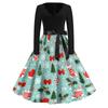 Women's Casual Vintage V-Neck Christmas Dress with Snowflake and Christmas Tree Print
