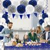 Navy Blue Silver Birthday Decorations for Men, Blue Birthday Party Supplies with Tablecloth Happy Birthday Banner Confetti Balloons Paper Pom Poms