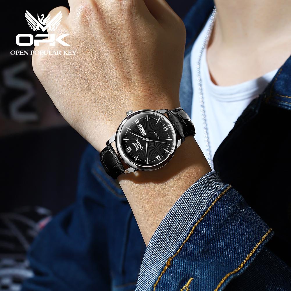 OPK 6014 Fashion Simple Man Watch Leather Strap Dual Calendar Waterproof Original Quartz Men's Wristwatch