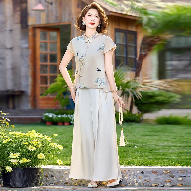 Elegant Summer Chiffon Blouse and Pant Set for Middle-Aged Women 2026 4XL