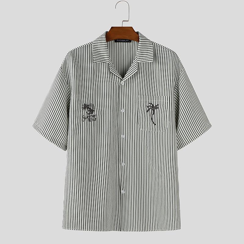 

INCERUN Men Lapel Neck Short Sleeve Striped Print Casual Oversized Shirts S чёрный
