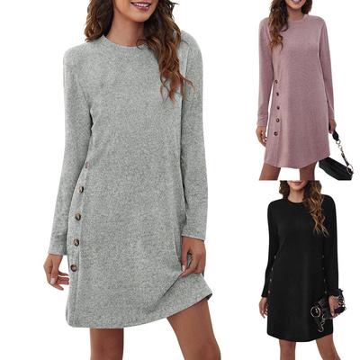 Dames ronde hals casual knoop losse lange mouwen jurken