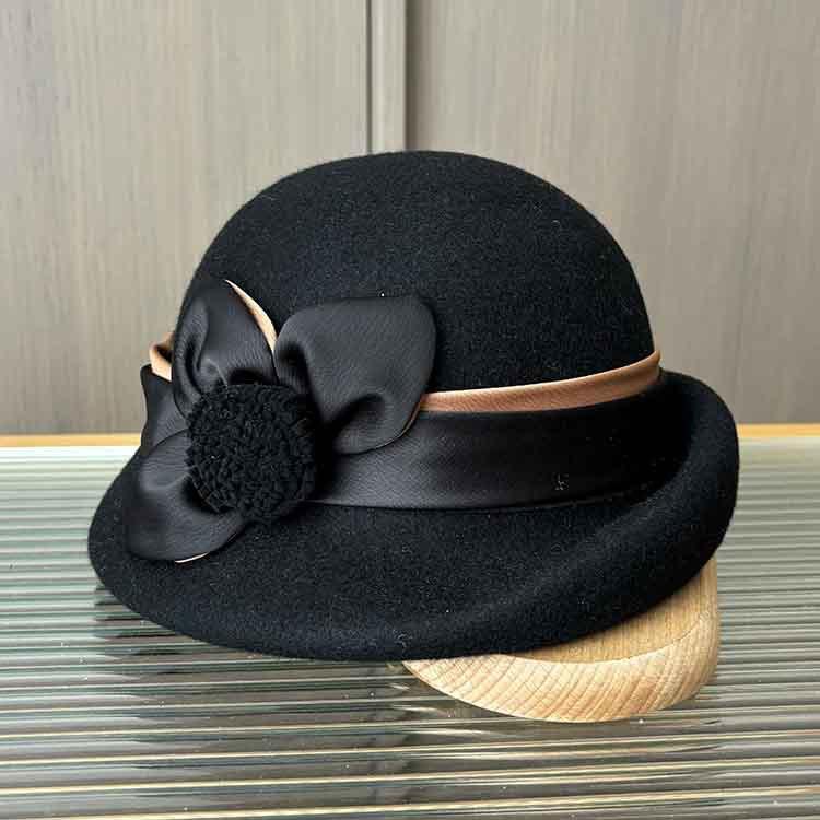 Wool Hat Winter Women'S Fashion Bucket Hat High-End Three-Dimensional Satin Flower Bud Hat Half-Roll Top Hat