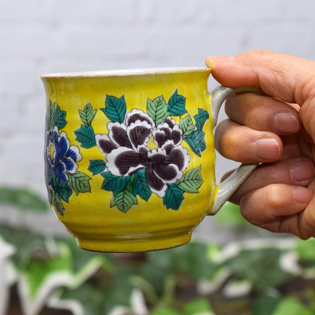 Waza no Kura Stylish Coffee Mug, Kutani Ware Mug Cup, Yoshidaya Peony Design, Ceramic, High-End Brand Tableware, Made in Japan, Perfect Gift for Birth
