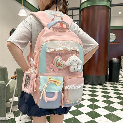 Mochila Escolar Estudantil Estilo Universitário Grande Capacidade Mochila Multicompartimentada para Menina com Porta-Moedas