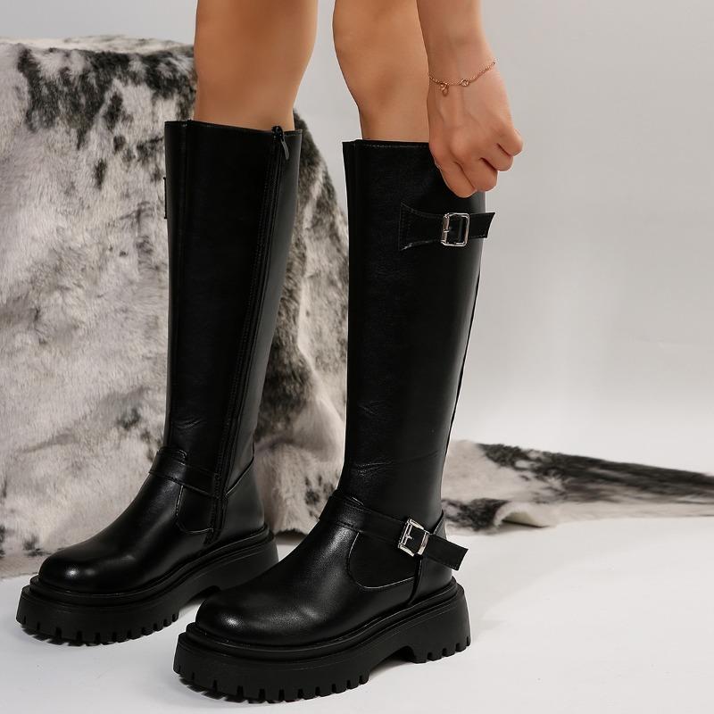 

Черные длинные сапоги женские зимние женские сапоги 2024 года с круглым носком на платформе женские сапоги до колена простые универсальные повседневные высокие сапоги-бочонки 42