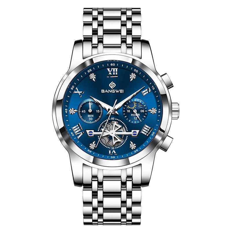 Multifunctional Men s Stainless Steel Watch Water-Resistant Quartz Business Watch with Sun-Moon-Star Chronograph Function Men Watch серебряный/синий