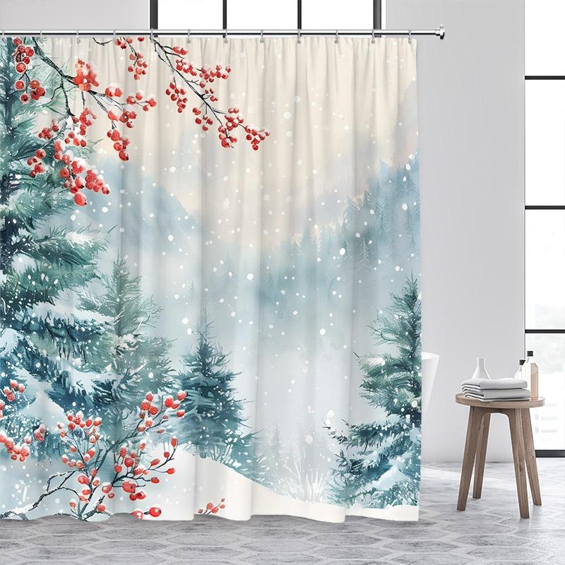 

Зимний лесной пейзаж Шторки для душа Кедр Красные ягоды Акварельное искусство Снежный пейзаж Тканевая занавеска для ванной комнаты Декор с крючками 180x200cm-70x78in