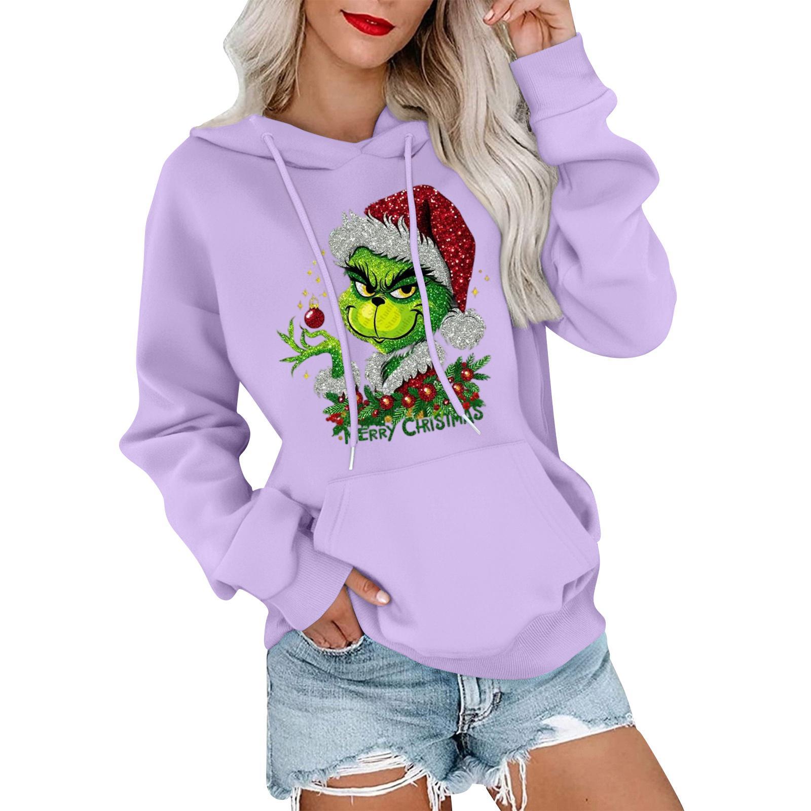 

Женский модный, расслабленный и удобный свитер с круглым вырезом и капюшоном, с длинными рукавами и рождественским принтом, теплый свитер S фиолетовый