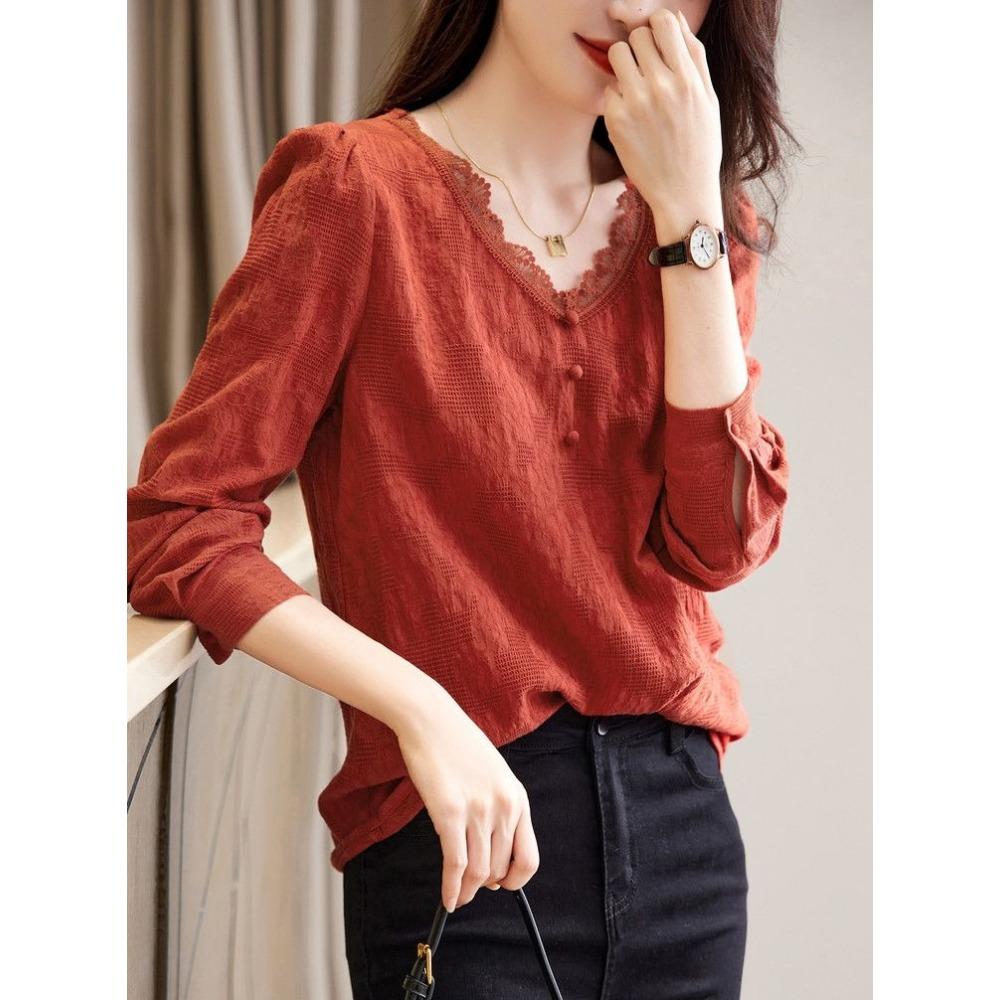 Elegante Blusa Primaverile Donna Retro Scollo a V Manica Lunga Legatura in Vita Rosso Cinese Camicia Sottile