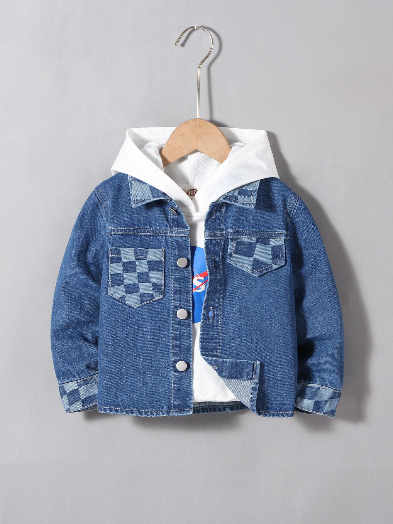 Boys  Casual Retro-Style Blue Denim Jacket with Plaid Patchwork and Collar – New Autumn/Winter Collection 4Y темно-синий