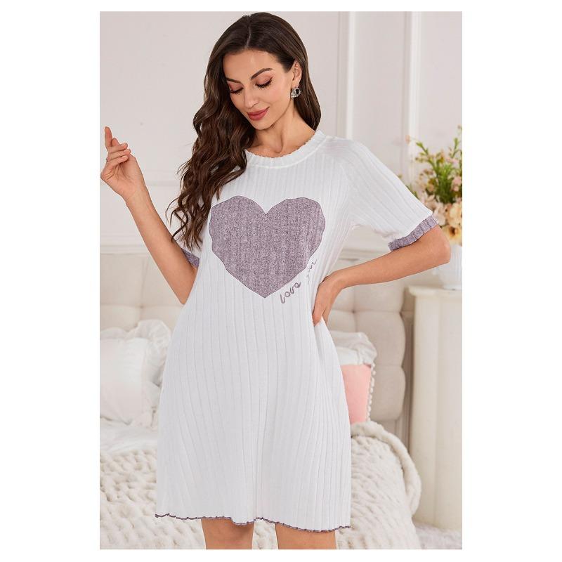 Summer Blue Heart Print Short Sleepdress Homewear Women Casual Loose Nightgown Ladies Nightdress Woman Loungewear S лавандовый