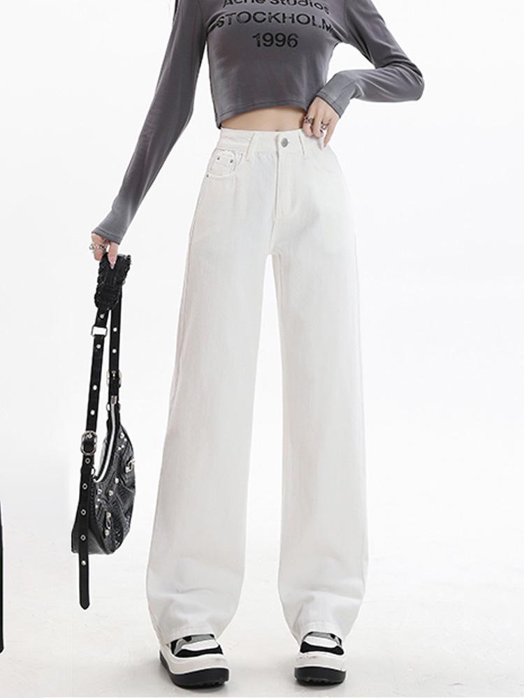 2025 Spring High Waist Straight Wide-Leg Jeans for Women - Petite Casual Long Pants