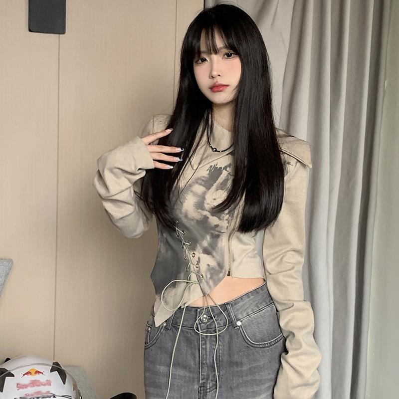 Girls Y2K Tees Zipper Bandage Printed T-shirts For Women Sexy Fashion Tops Long Sleeve Club Bar Wear For Lady