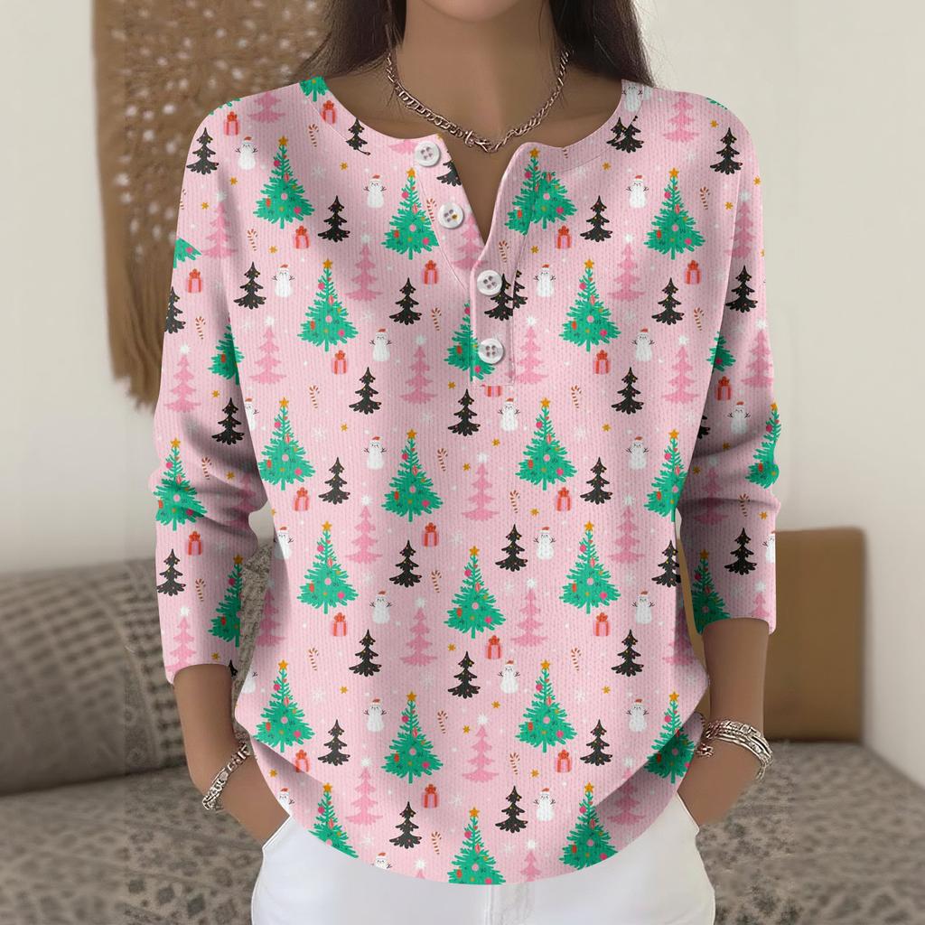 Moda Feminina Manga Longa Top Estampado Floco de Neve Natalino Elegante Top Casual