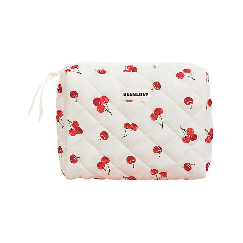 Cherry Bow Quilted Cosmetic Bag - Large, Fashionable, High-End Toiletry Storage