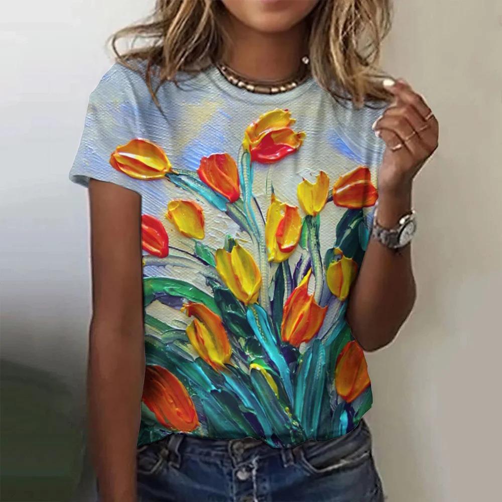 Schönes florales 3D-Digitaldruck Damenmode lässiges Rundhals Kurzarm T-Shirt