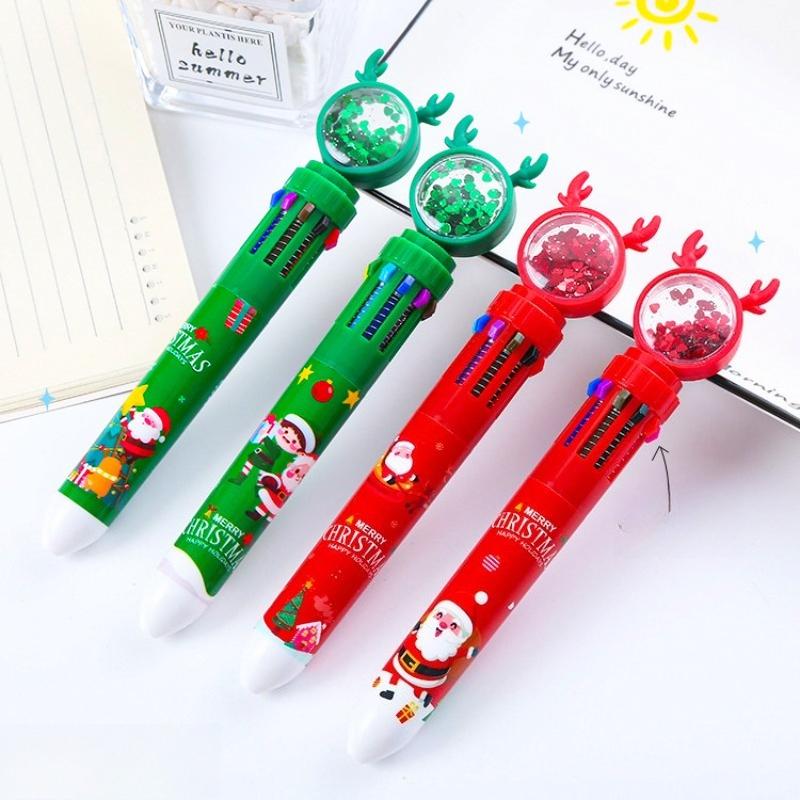 12 Pcs Sequined Ten-color Ballpoint Pen Christmas Prize Gift Antlers Press Ballpoint Pen Stationery Color Handbook Writing Tools Holiday Gift Novelty Random style