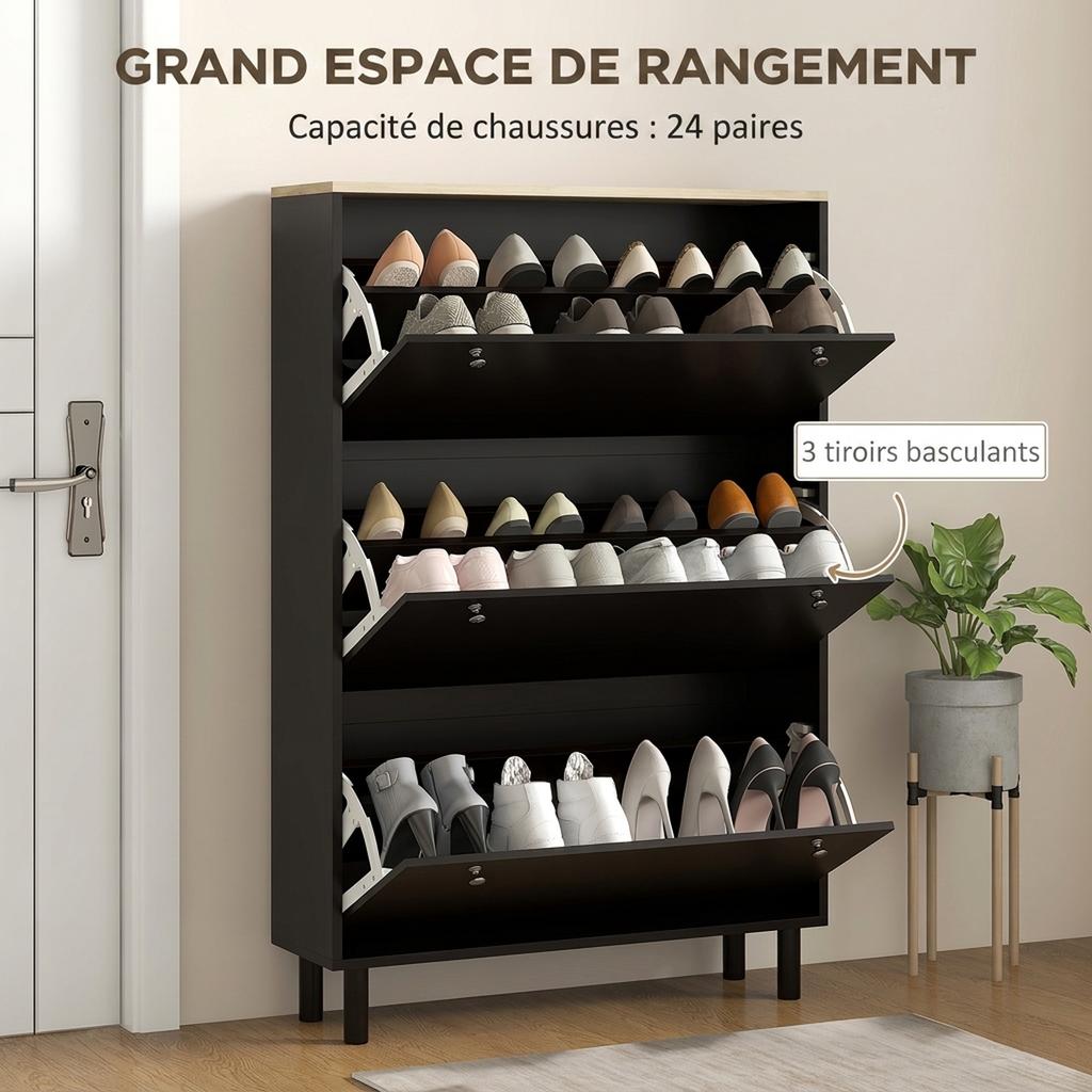 Shoe Cabinet for 24 Pairs, Narrow Shoe Cabinet with 3 Flip Drawers, Adjustable Shelves, Black