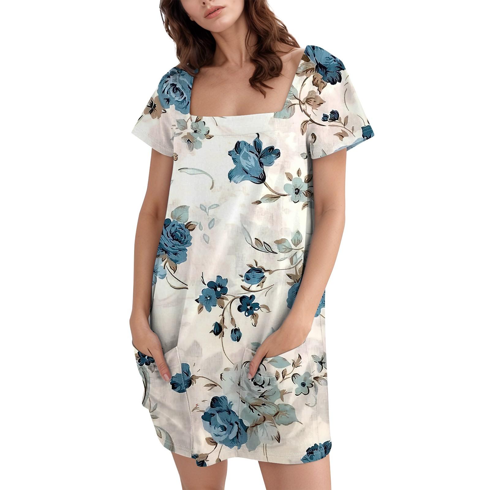 

Women s Fashion Casual Print Square Neck Short Sleeve Short Dress XXL