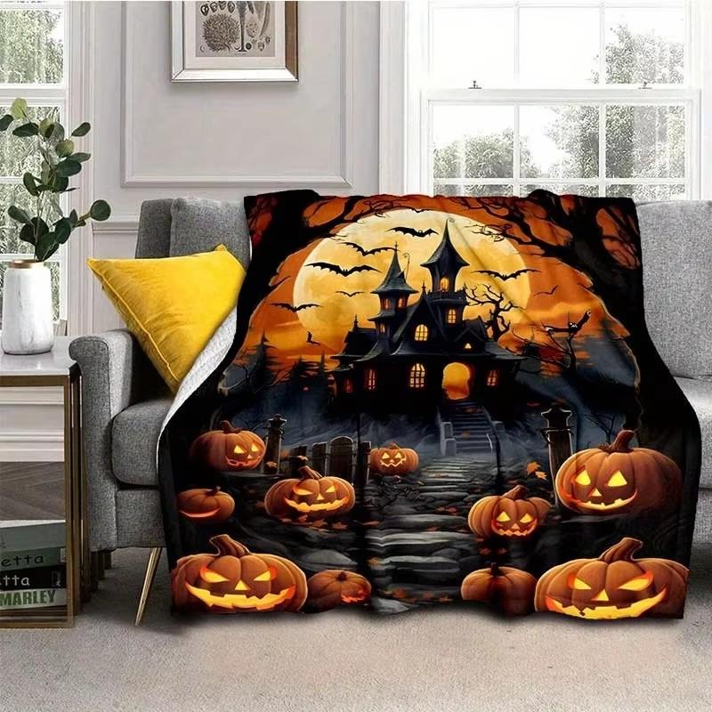 Halloween Ghost Pumpkin Skull Flannel Blanket Throw Blanket Nap Blanket Party Decor Horror Gift Skin Friendly Reversible