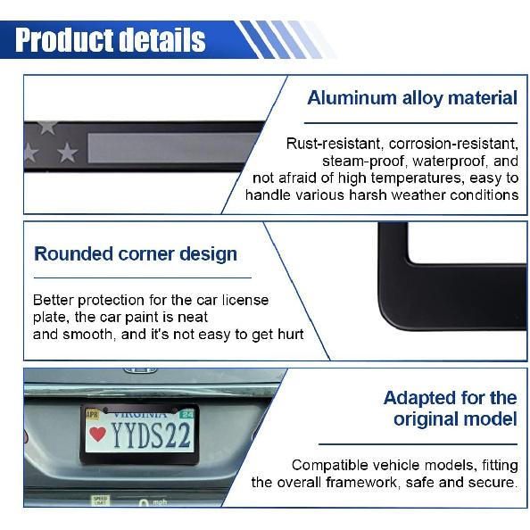 2PCS Matte Black License Plate Frames, Stainless Steel Tag Frame, Car License Plate Protector Holder with Screws Fasteners Caps, Universal Front &