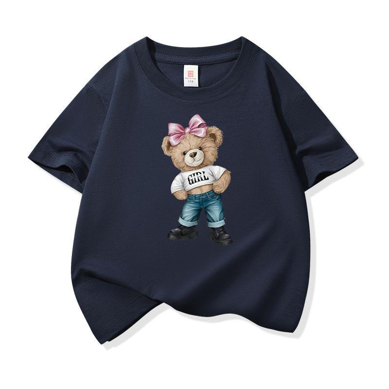 Girl Bear With Pink Bow Graphic Tee Kids Pure Cotton Crew Neck T Shirt Short Sleeve Muticolor Tops For Boys Girls Children