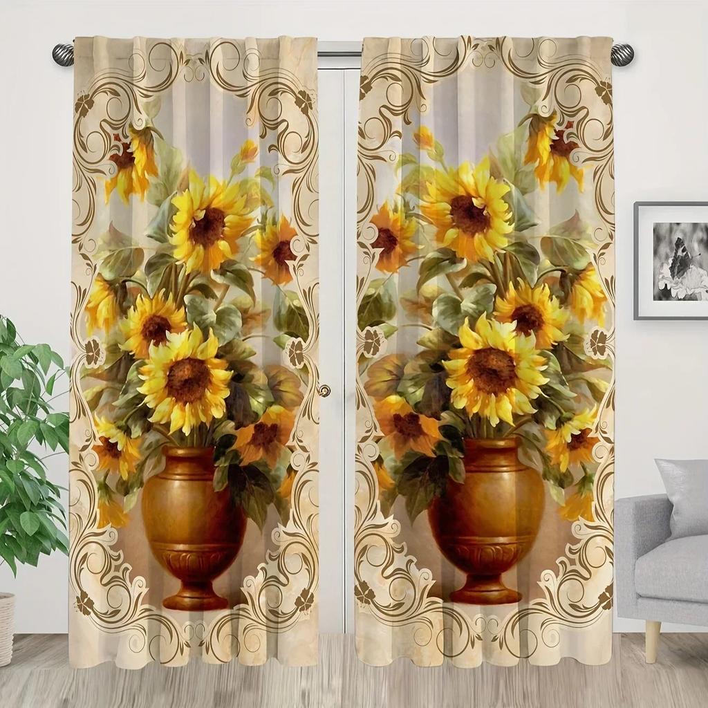 3D 2panels Black Sunflower Printed Curtain, Rod Pocket Curtain For Bedroom Office Kitchen Living Room Study Home Decor